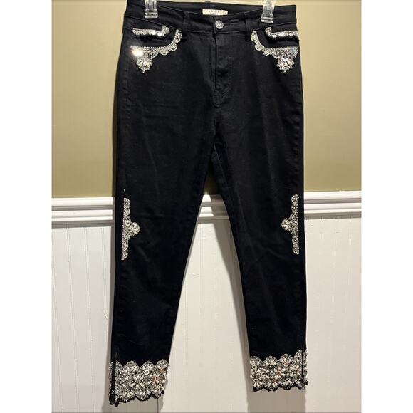 Womens Black Moda Luxe Denim Jeans Rhinestone Embellished Side Zippers 8 - Picture 1 of 11